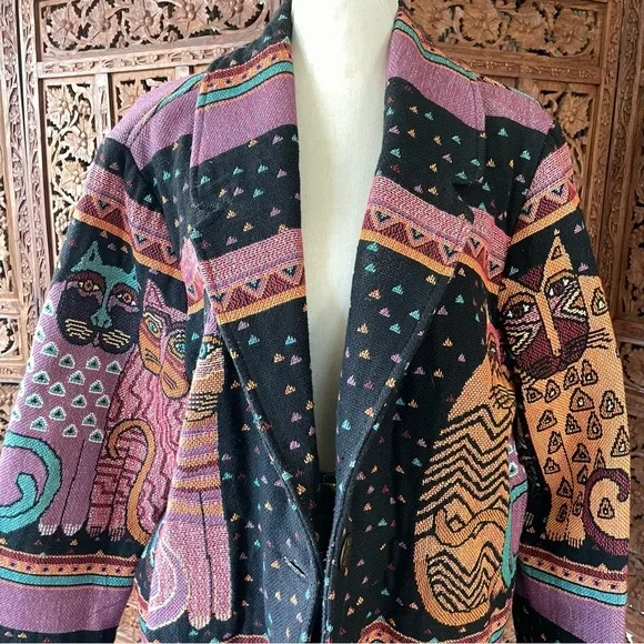 Original Vintage Laurel Burch Silverado Boho Cat Tapestry Blanket Knit Jacket - Picture 3 of 12